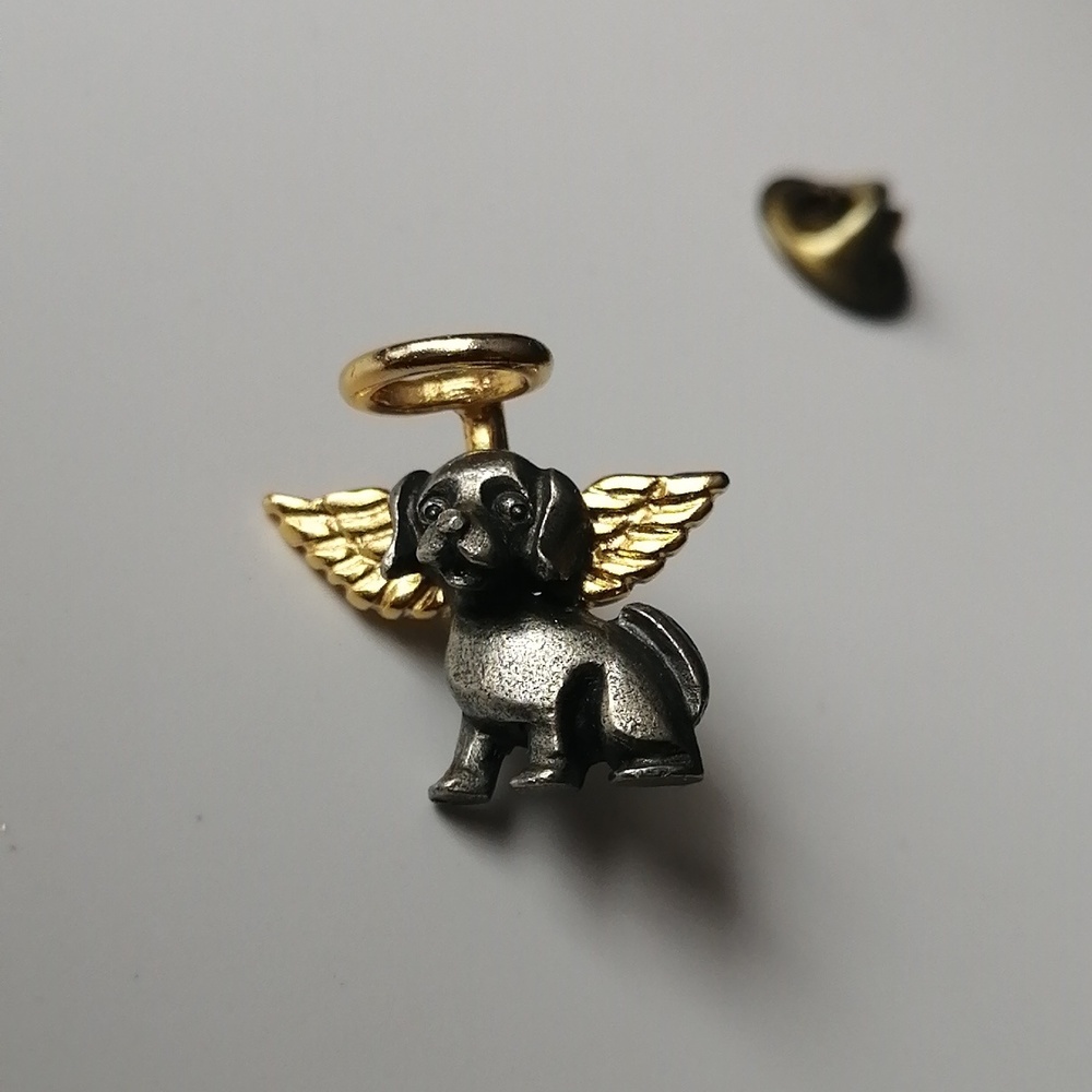 Vintage Angel Puppy Pewter Goldtone Halo Wings Unisex Pin